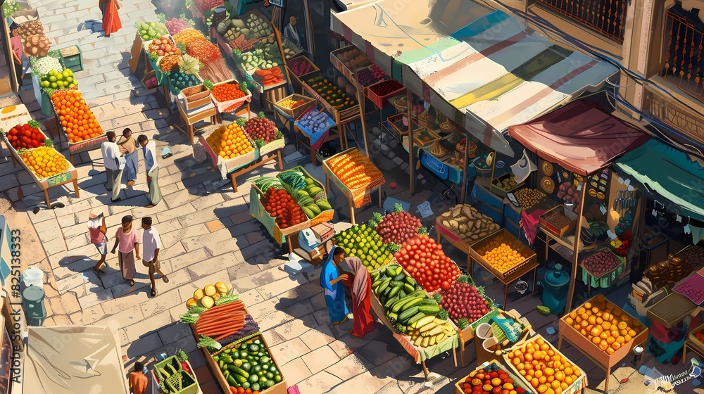 Illustrate a bird's-eye view of a colorful outdoor market, bustling with vendors and visitors exploring stalls filled with fresh produce and handicrafts