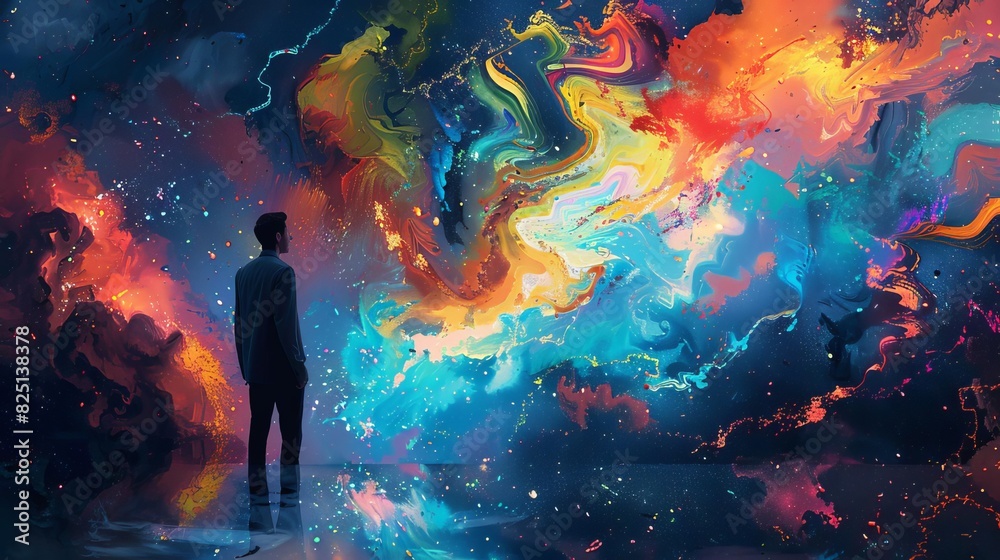 A person stands in awe of vibrant, abstract colors swirling in a cosmic, dreamlike scene, evoking a sense of wonder and imagination. A person stands in awe of vibrant, abstract colors swirling in a cosmic, dreamlike scene, evoking a sense of wonder and imagination.