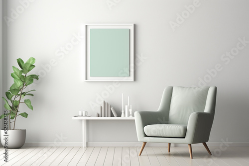 A sunlit room with a mint green accent chair against a soft grey rug, flanked by sleek white shelves holding contemporary decor, a blank white frame mockup on the wall. © NUSRAT ART