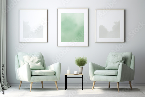 A sunlit room with a mint green accent chair against a soft grey rug, flanked by sleek white shelves holding contemporary decor, a blank white frame mockup on the wall. © NUSRAT ART