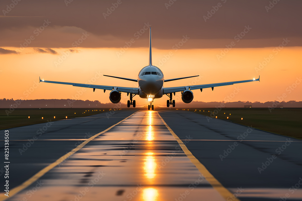 Airplane landing from the airport, front view sunset sunrise sky. Airplane landing from the airport, front view sunset sunrise sky.