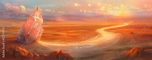 A winding path through a desert, halfway marked by an ancient energy crystal, fantasy, warm tones, mixed media photo