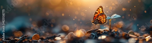 A small seedling with a butterfly perched on it and gold coins surrounding, representing economic prosperity, sharp and vivid, highquality, clear and colorful image. photo