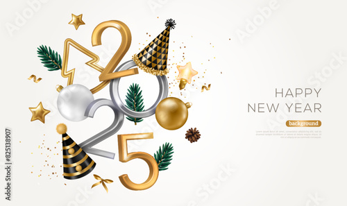 Merry Christmas Happy New Year 2025 Poster. Xmas Fir Tree Branches, Golden Baubles, Party Hat, White Background. Vector illustration. Winter holiday template design, poster, flyer, voucher