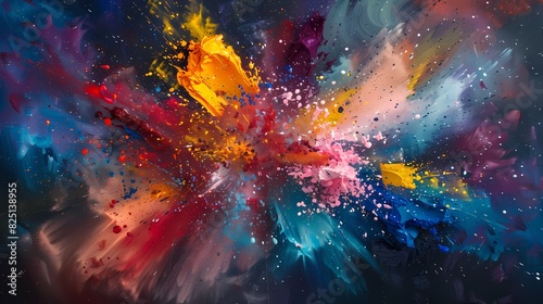 Explosion of colorful paint splashes, creating a visually captivating and dynamic backdrop