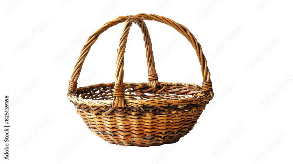 A wicker basket with a handle sits on a plain white background, showcasing its traditional design and practicality A wicker basket with a handle sits on a plain white background, showcasing its traditional design and practicality