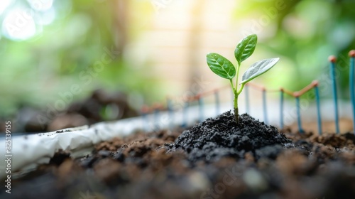 A single seedling sprouting with an upward trend graph in the background, economic growth metaphor, isolated on white, copy space, sharp detail, vibrant and professional.