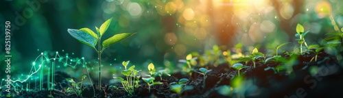 A fresh seedling growing in a forest with an upward financial graph in the background, symbolizing financial success, high resolution, clear and detailed, vibrant colors.
