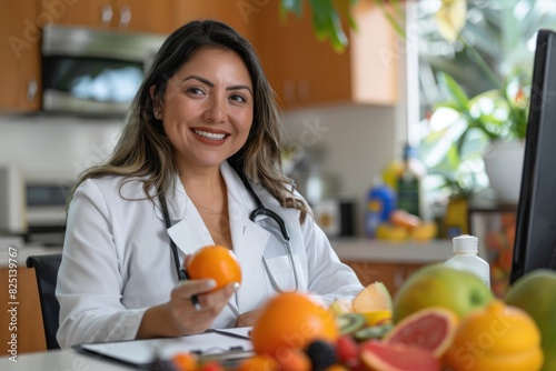 Una hermosa nutricionista mexicana con un abrigo blanco, sonriendo y sosteniendo una naranja en su mano mientras está sentada en su escritorio rodeada de frutas sobre las cuales sostiene un bolígrafo  photo