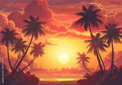 A seamless pattern of a sunset with late afternoon light filtering through thick clouds and tall coconut trees at the beach. The sun on the horizon casts orange and red tones, and the clouds are orang