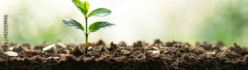 A vibrant seedling emerging from rich, moist soil with scattered coins, symbolizing investment and growth, isolated on white background, ample copy space, highquality image. photo
