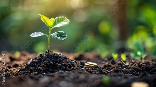 A delicate seedling growing in moist soil with coins scattered around, financial investment concept, isolated on white background, ample copy space, sharp and highquality image. photo