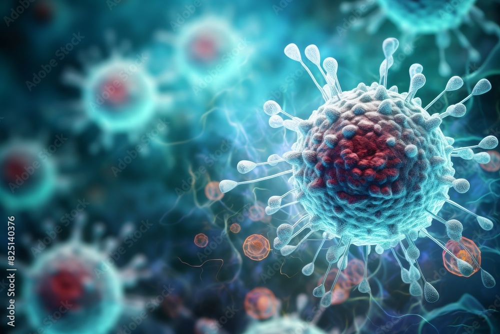 illustration of a virus cell, showcasing microscopic viral structures with vibrant colors and detailed cellular composition. illustration of a virus cell, showcasing microscopic viral structures with vibrant colors and detailed cellular composition.