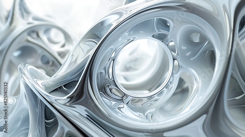 3D rendering of a silver metallic surface with a circular opening in the center. The surface is smooth and reflective, with a high level of detail. photo