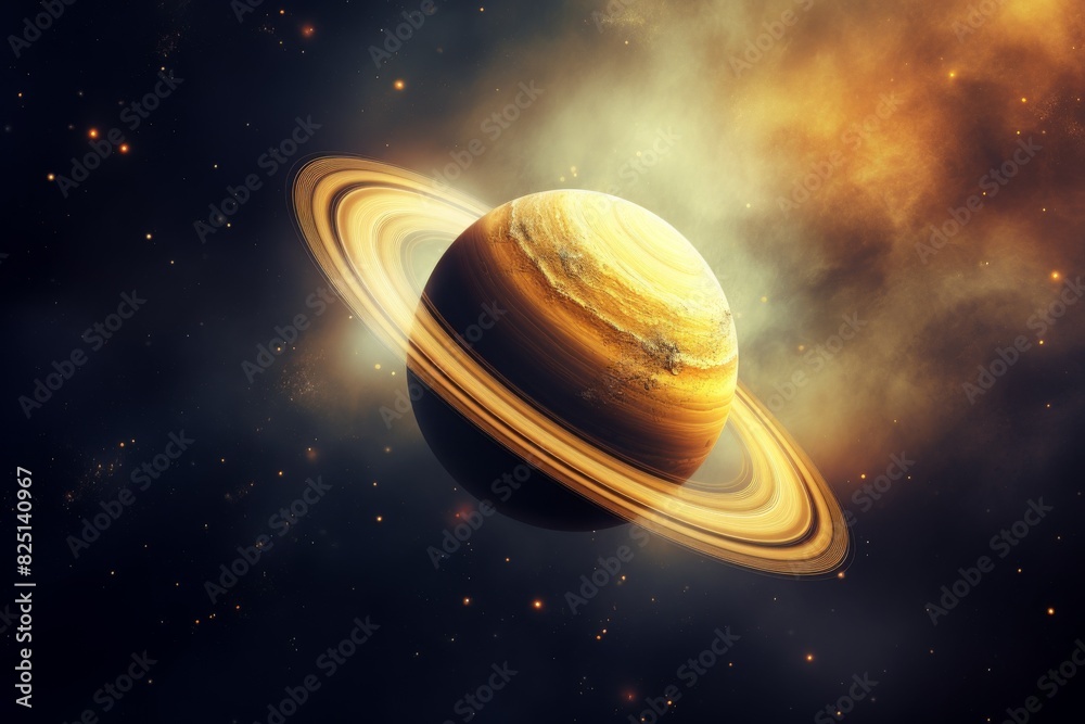 Naklejka premium Stunning image of planet Saturn with its rings, set against a backdrop of glowing space, showcasing the beauty of the solar system.