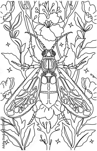 Adult coloring book page with fantasy animal and flower elements