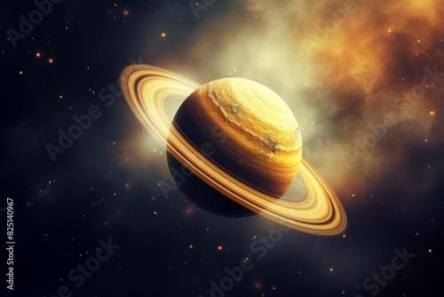 Stunning image of planet Saturn with its rings, set against a backdrop of glowing space, showcasing the beauty of the solar system.