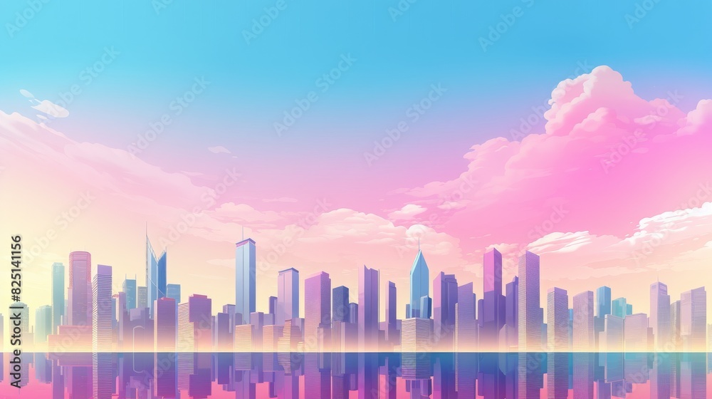 Vibrant city skyline at sunrise with colorful sky reflection in water, featuring modern skyscrapers and tranquil urban landscape. Vibrant city skyline at sunrise with colorful sky reflection in water, featuring modern skyscrapers and tranquil urban landscape.