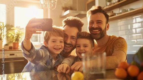 LGBTQ Gay male parents taking selfies with their children at the kitchen table, home background photo