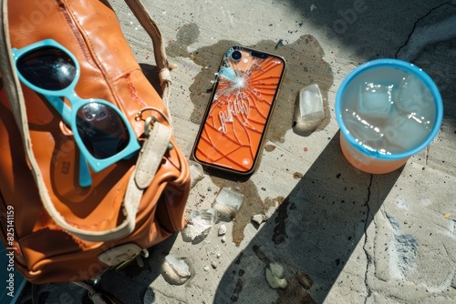 Fotografía de un teléfono móvil con la pantalla rota, debido a un accidente durante las vacaciones de verano en la playa photo