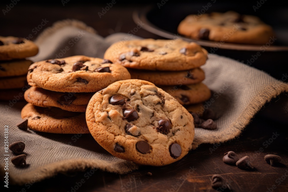 Tasty chocolate chip cookies on a slate plate against a jute fabric background Tasty chocolate chip cookies on a slate plate against a jute fabric background
