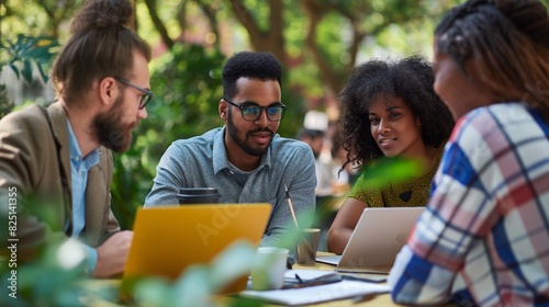 diversity of businessperson coworkers working and brainstorming together in public park