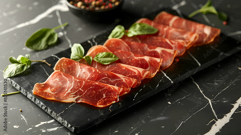 Thin, Glossy Iberico Ham Slices on Black Platter: Rich Marbling and Luxurious Texture Photo Realistic Concept Thin, Glossy Iberico Ham Slices on Black Platter: Rich Marbling and Luxurious Texture Photo Realistic Concept