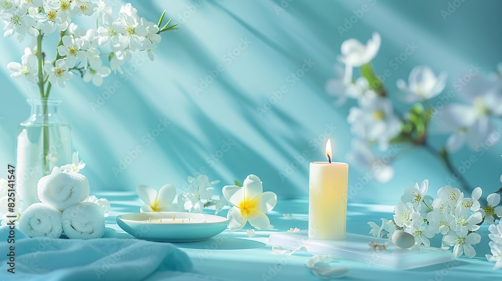 candle and spa accessories on blue background with white flowers. Wellness and skin care treatmen candle and spa accessories on blue background with white flowers. Wellness and skin care treatmen