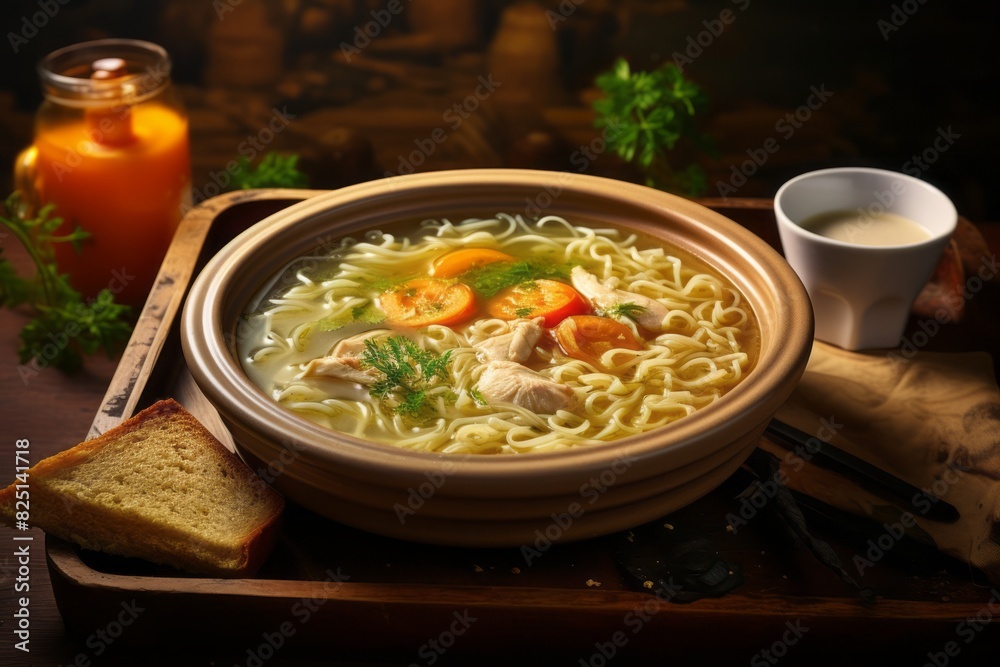 Tasty chicken noodle soup on a plastic tray against a jute fabric background Tasty chicken noodle soup on a plastic tray against a jute fabric background