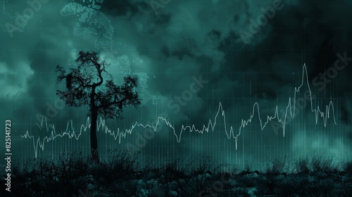 A dead tree with a dark, cloudy sky and a downward financial graph, representing financial decline, clear and vivid, highquality, dramatic and somber image.