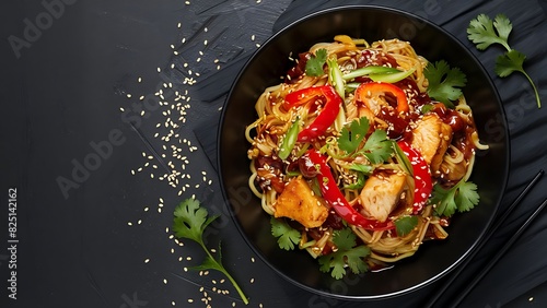Udon stir-fry noodles with chicken meat and sesame in bowl on dark stone background