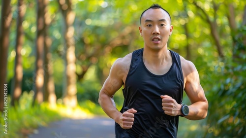 Focused Young East Asian Man Jogging in Nature, Fitness and Wellness Concept, Vibrant Outdoor Exercise for Healthy Lifestyle Promotions