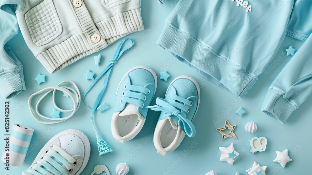 The image features a set of baby clothes and accessories suitable for spring or autumn, including adorable baby sneakers. The image features a set of baby clothes and accessories suitable for spring or autumn, including adorable baby sneakers.
