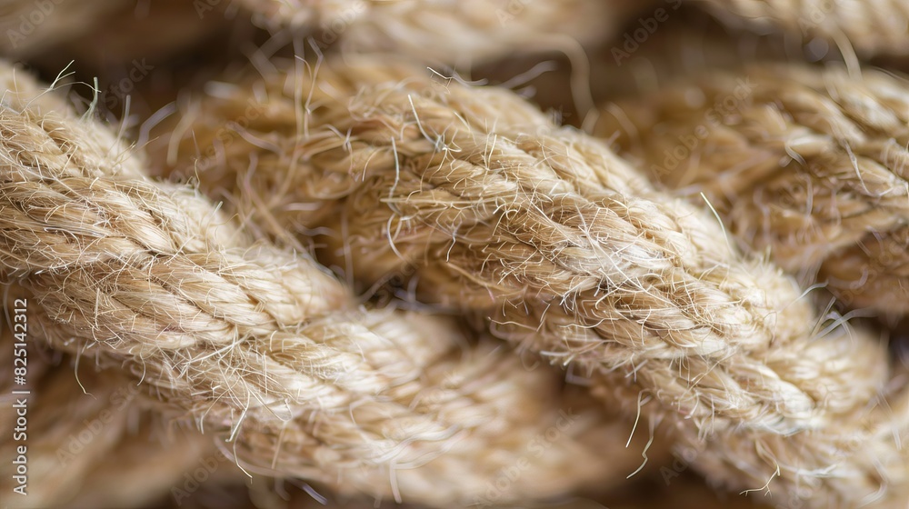 The close-up image showcases natural cotton rope, providing a detailed view of its thick strands, threads, and fibers The close-up image showcases natural cotton rope, providing a detailed view of its thick strands, threads, and fibers