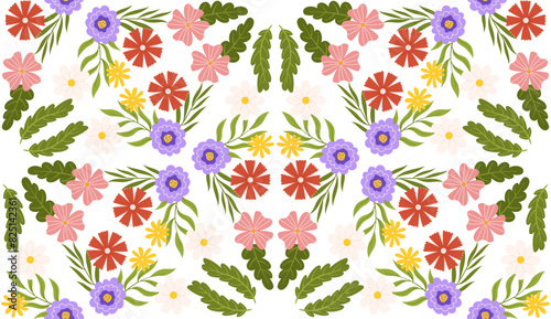 Seamless pattern with floral elements. Kaleidoscope effect Botanical inspired repeated design with different color flowers, leaves and branches
