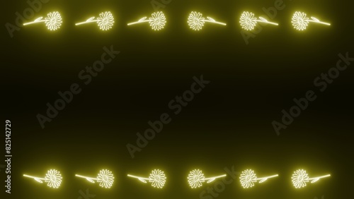 A Glowing in the dark daisy line on a Black background in a Neon style floral concept,3D illustration