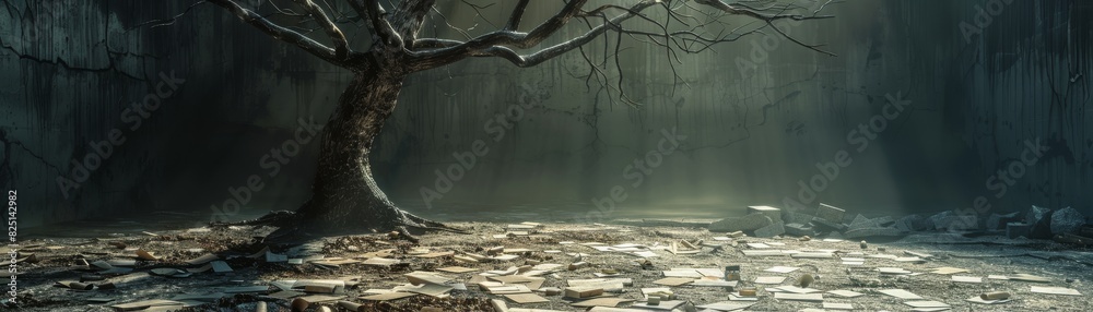 A dead, leafless tree in a neglected garden with scattered financial papers, representing financial neglect, clear and vivid, highquality, professional image. A dead, leafless tree in a neglected garden with scattered financial papers, representing financial neglect, clear and vivid, highquality, professional image.