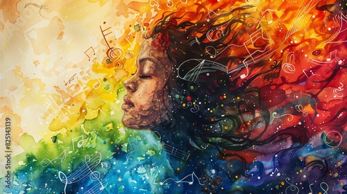 Musical Rainbow A person surrounded by a rainbow of watercolor music notes and swirls, smiling in delight photo