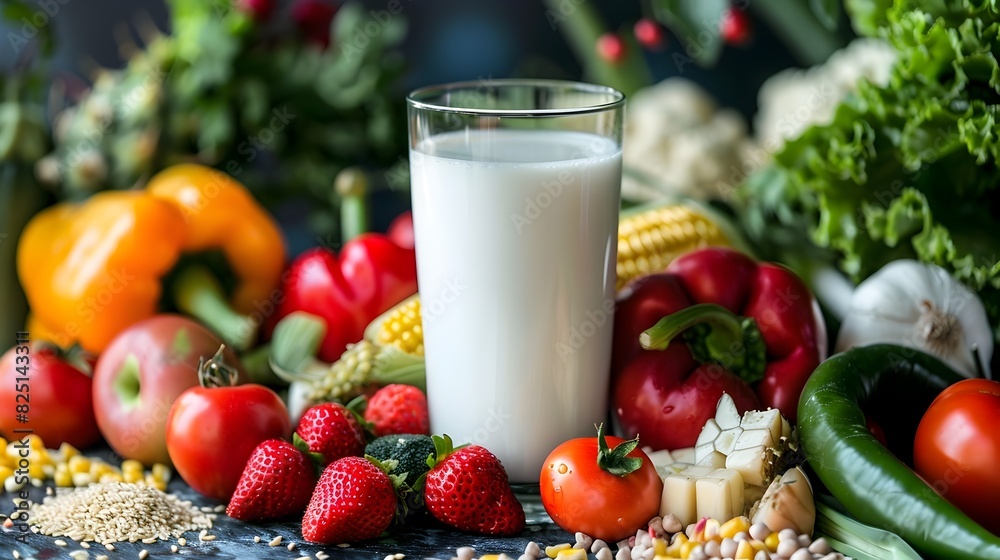 Assortment of Nutritious Produce and Fresh Milk in Rustic Setting Assortment of Nutritious Produce and Fresh Milk in Rustic Setting