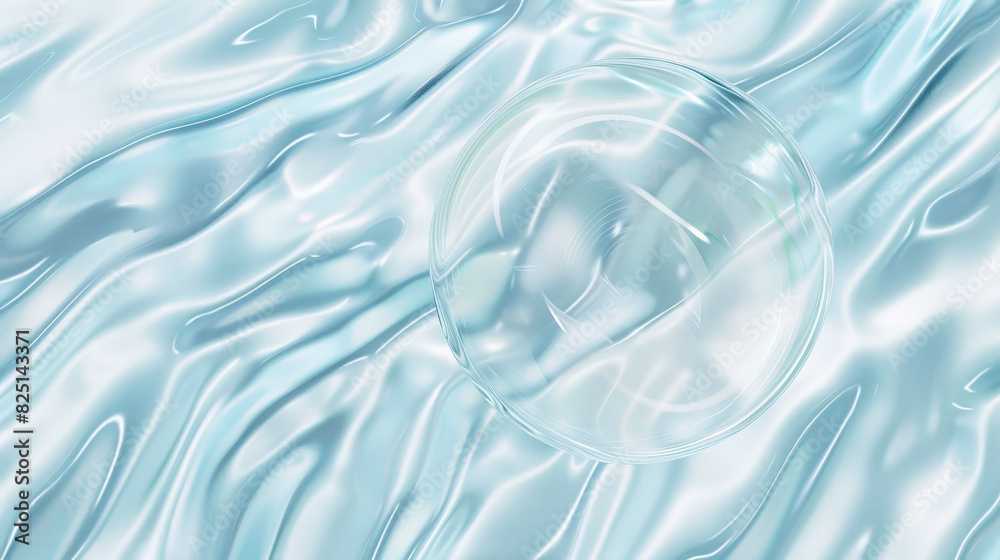 abstract transparent glass bubble on a light blue background with waves, cosmetic texture packaging template, cosmetic advertising background abstract transparent glass bubble on a light blue background with waves, cosmetic texture packaging template, cosmetic advertising background