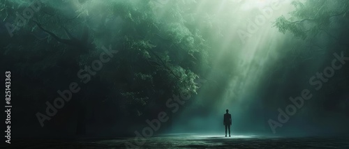 A lone figure stands in a dark forest, lit only by a single ray of sunlight © N0X