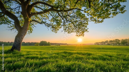 Breathtaking Pastoral Landscape with Lush Meadow Flourishing Tree and Glowing Sunset Sky