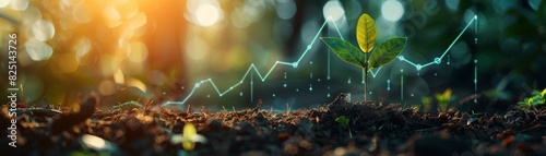 A vibrant seedling emerging in a forest with an upward financial graph behind it, economic growth concept, sharp detail, high resolution, professional and vivid image.