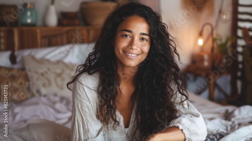Charming Brazilian Woman in Cozy Bedroom Setting - Natural Beauty and Relaxing Atmosphere - Lifestyle Photography for Diverse Representation