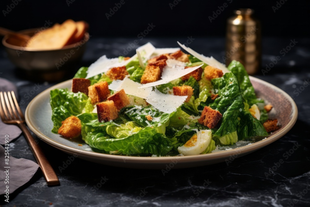 Tempting caesar salad on a marble slab against a denim fabric background Tempting caesar salad on a marble slab against a denim fabric background