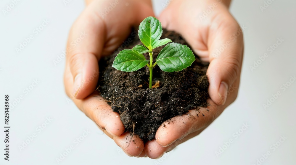 Hands holding soil and a seedling with banknotes nearby, symbolizing financial growth, isolated on white background, copy space, highresolution, detailed and vibrant image. Hands holding soil and a seedling with banknotes nearby, symbolizing financial growth, isolated on white background, copy space, highresolution, detailed and vibrant image.