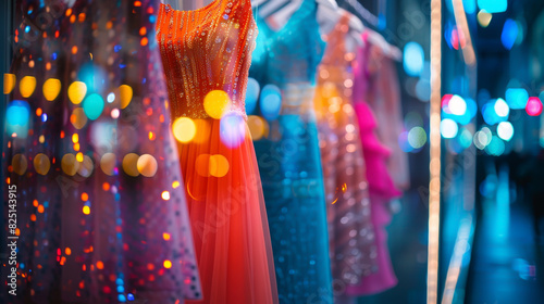 Vibrant dresses displayed in a fashion boutique s window.