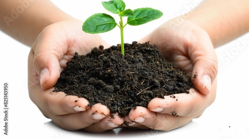 Hands gently holding soil and a small seedling with banknotes beside it, representing economic growth, isolated on white background, ample copy space, highresolution, clear and det