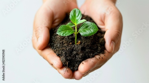Hands holding soil and a seedling with banknotes nearby, symbolizing financial growth, isolated on white background, copy space, highresolution, detailed and vibrant image.