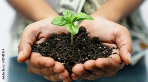 Closeup of hands holding soil and a seedling with banknotes nearby, financial growth theme, isolated on white, copy space, highquality, sharp and vivid image.